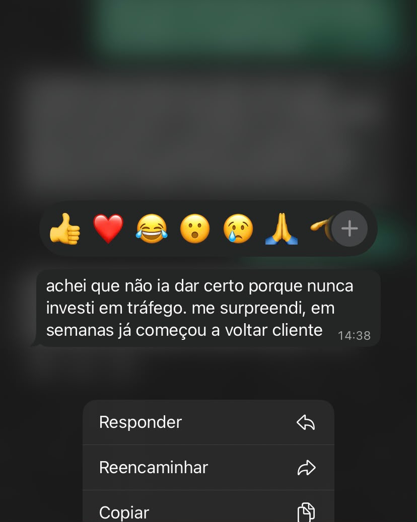 Print de WhatsApp: cliente conta que se surpreendeu e em semanas já começou a voltar cliente.